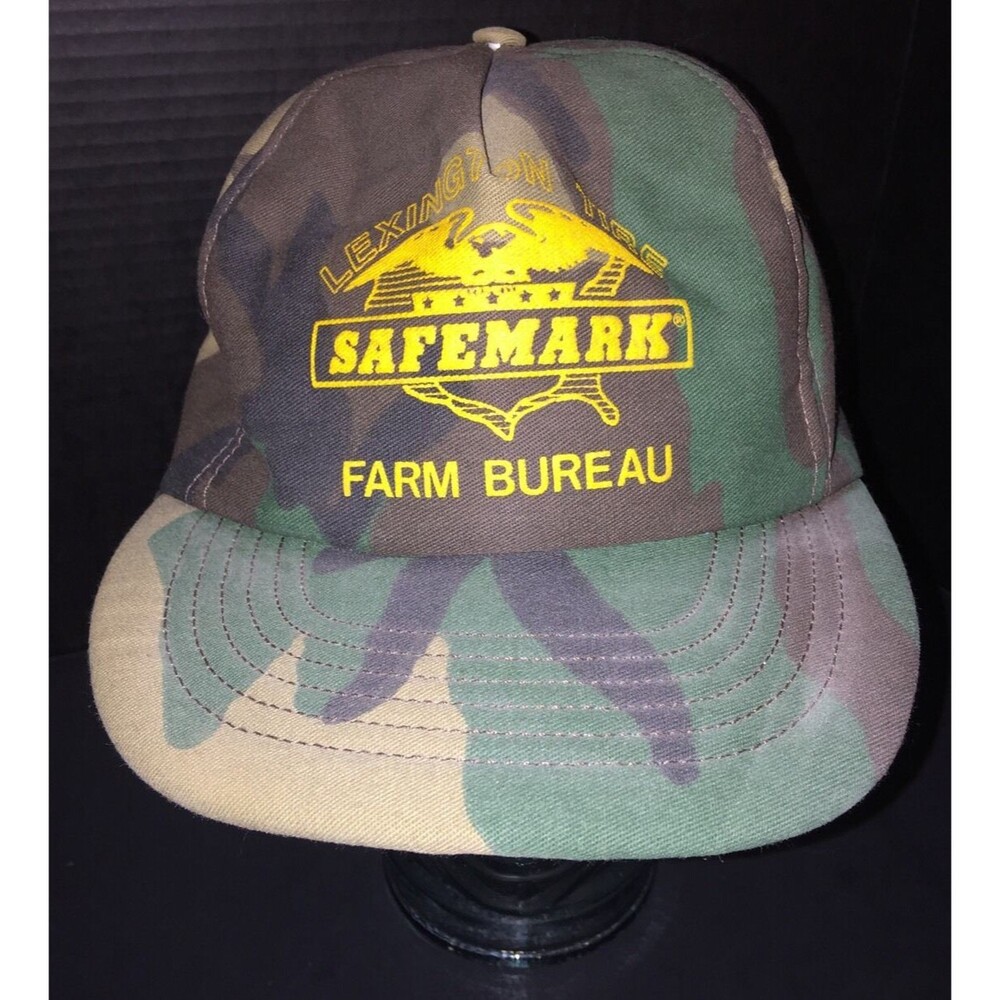 Vintage SAFEMARK Farm Bureau Lexington Tire Hat Cap Camo Snapback Made in USA
